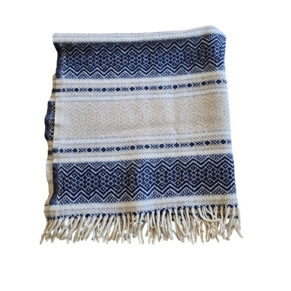 Faribo Woolen Mill 100% Wool Throw Blanket Navy Cream Geometric‎ Fringe